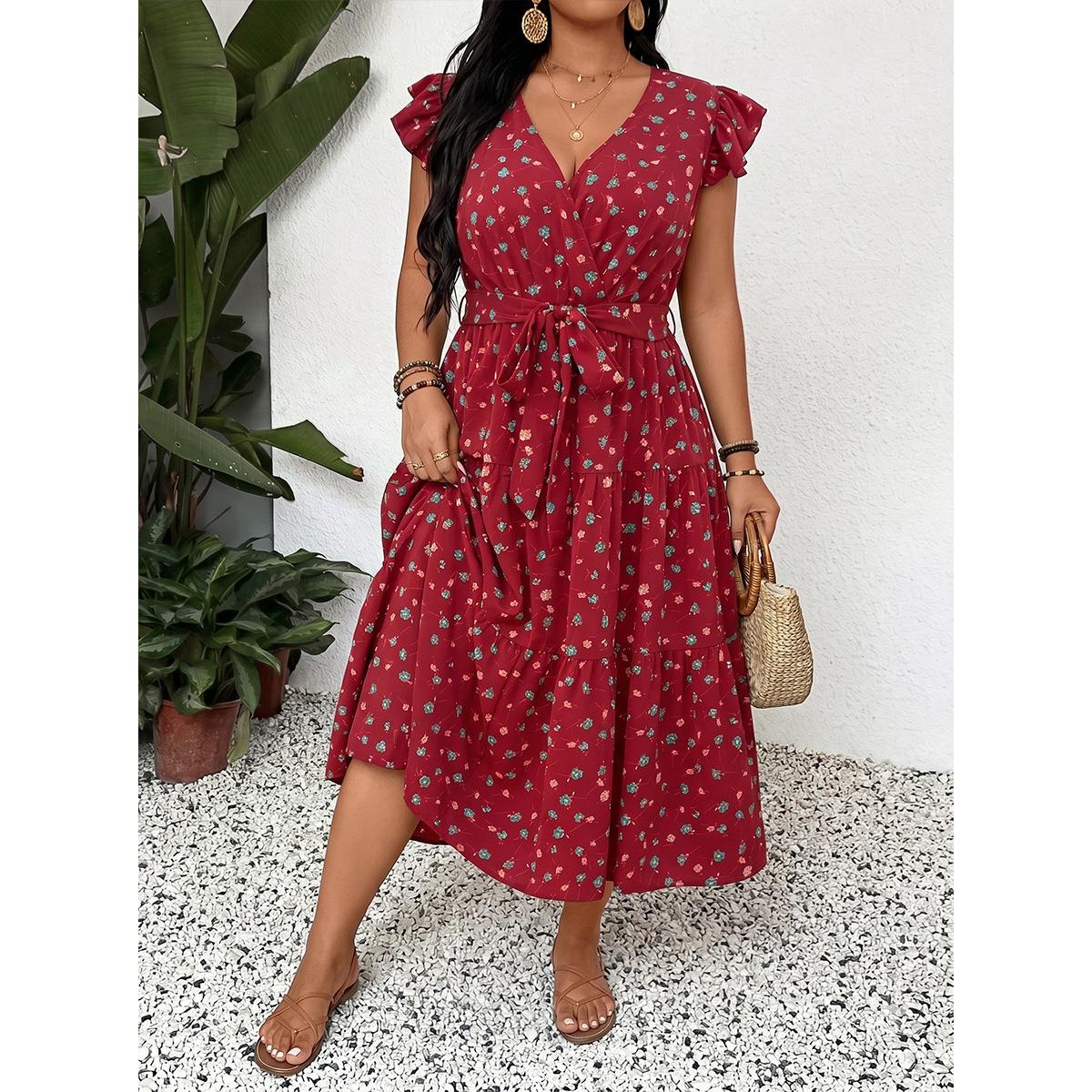 European and American style summer new high-waisted dress burgundy floral high-waisted cake skirt vacation style short-sleeved A-shaped skirt 1XL