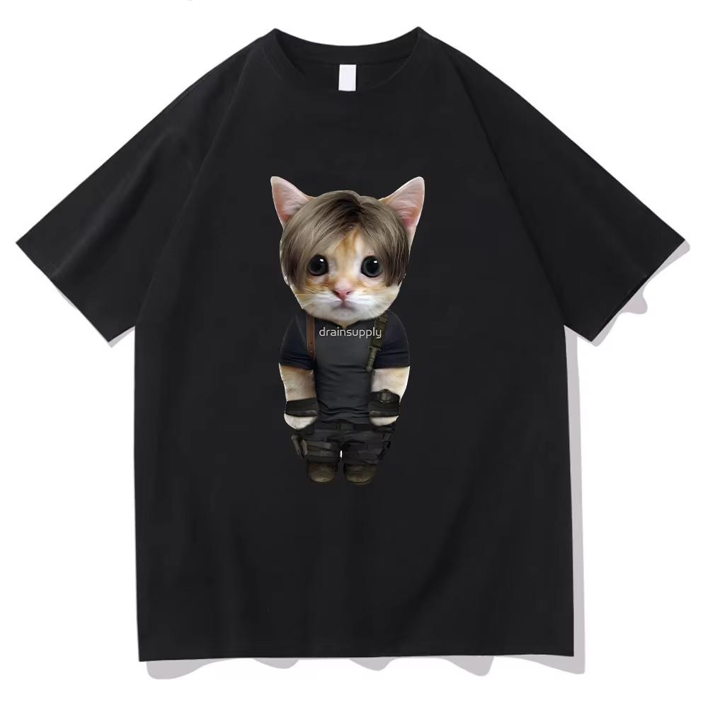 Leon Kennedy Kitty Tshirts Cartoon Funny Graphic Clothing Summer Trendy Pure Cotton Tees Harajuku Fashion Unisex T Shirts