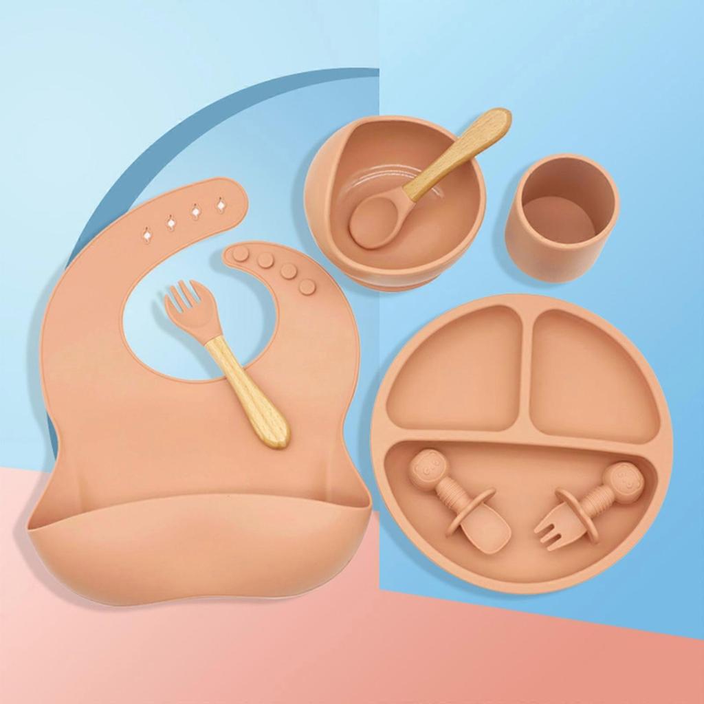 8 Pcs Baby Silicone Bibs Divided Dinner Plate Suction Bowl Spoon Fork Cup Set Deep Orange Red