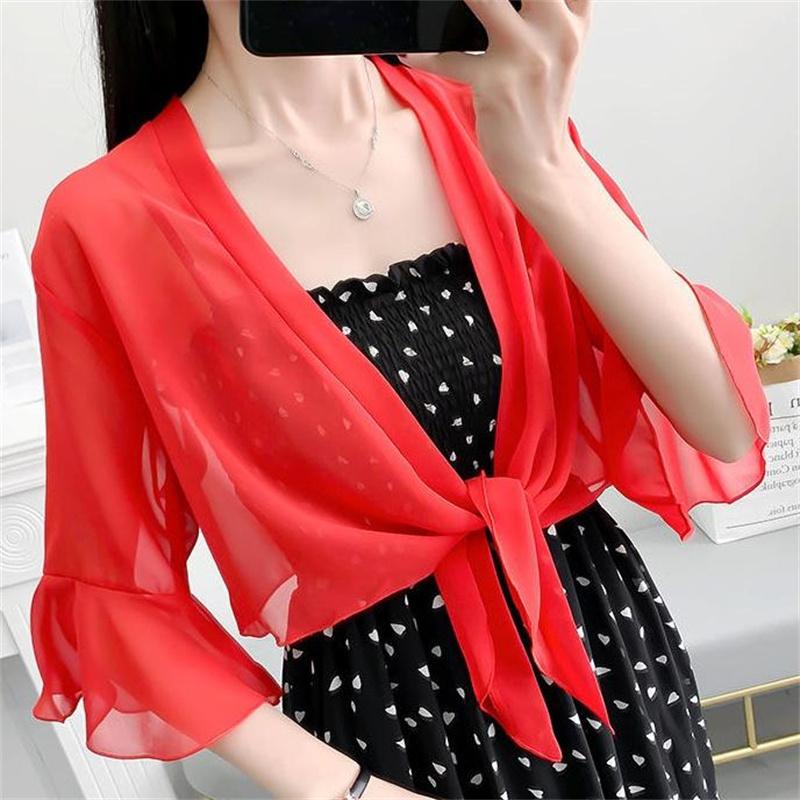 FEI JUN Chiffon Effen Kleur Vest, Zomer Sjaal Los Elegante Blouse, Dames Dunne Zonwerende L Fit 55-62KG rood