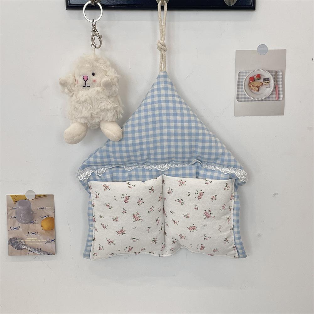

Macaron Color Small Plaid Hanging Bag Wall Dormitory Bedside Storage Bag Mobile Phone Stationery Miscellaneous Storage Bag небо синє кольору