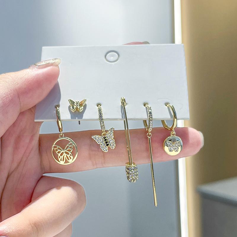 ANENJERY Micro Paved Zircon Butterfly Pin Bar Earring Sets For Women Dainty Luxury 6-piece Earrings Wholesale