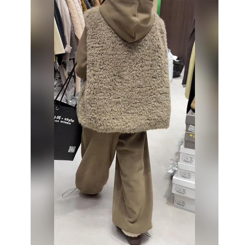 Women's Winter Three-Piece Suit: Melange Style, Plush Vest, Hooded Sweatshirt, Wide-Leg Pants