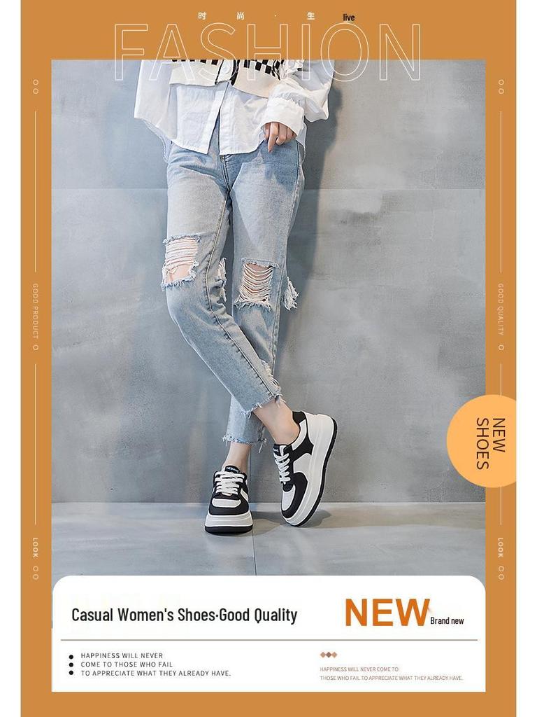 2023 Damen Weiße Rindsleder-Sneaker: Dicke Sohle, modisch, bequeme Schnürung für vielseitige Freizeit-, Sport- und Skate-Aktivitäten.