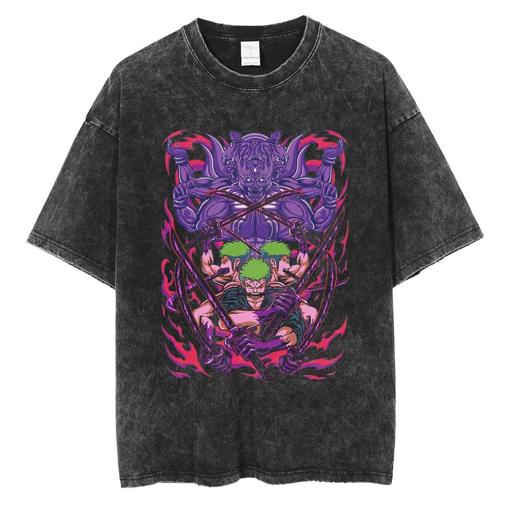 Harajuku Fashion Vintage TShirt Japanese ONE PIECE Anime Graphic Oversize T Shirt Washed Tshirt Men Summer Cotton Tops Tees