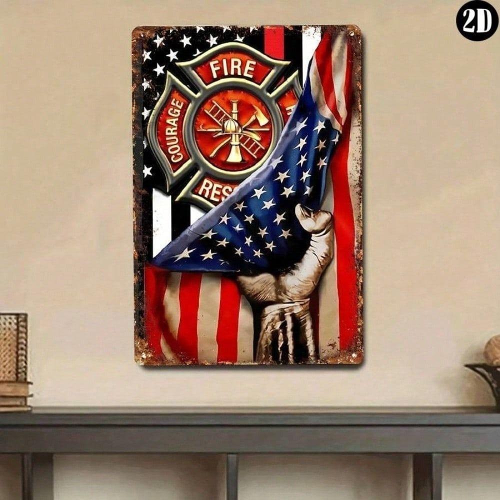 Vintage Metal Poster Firefighter Flag US Emblem Wall Art Decor 27x30cm