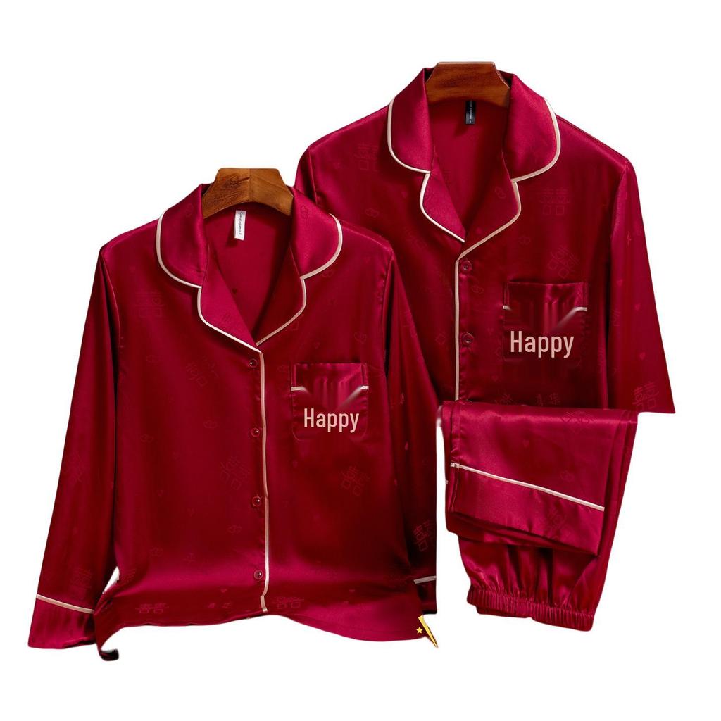 Red Double Happiness Embroidered Ice Silk Couple Pajamas Set for Bride and Groom