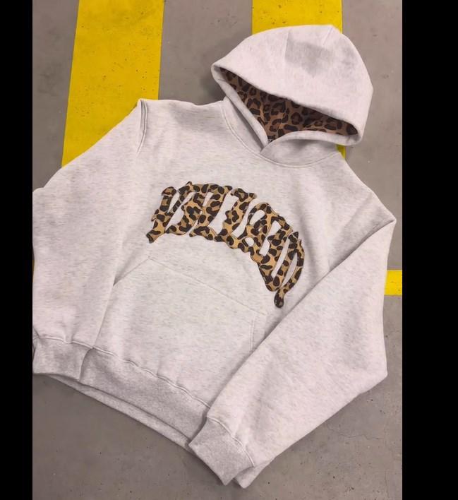 Men Women Leopard Patch Letter Hoodie Oversized Streetwear Pullover Hooded Sweatshirt