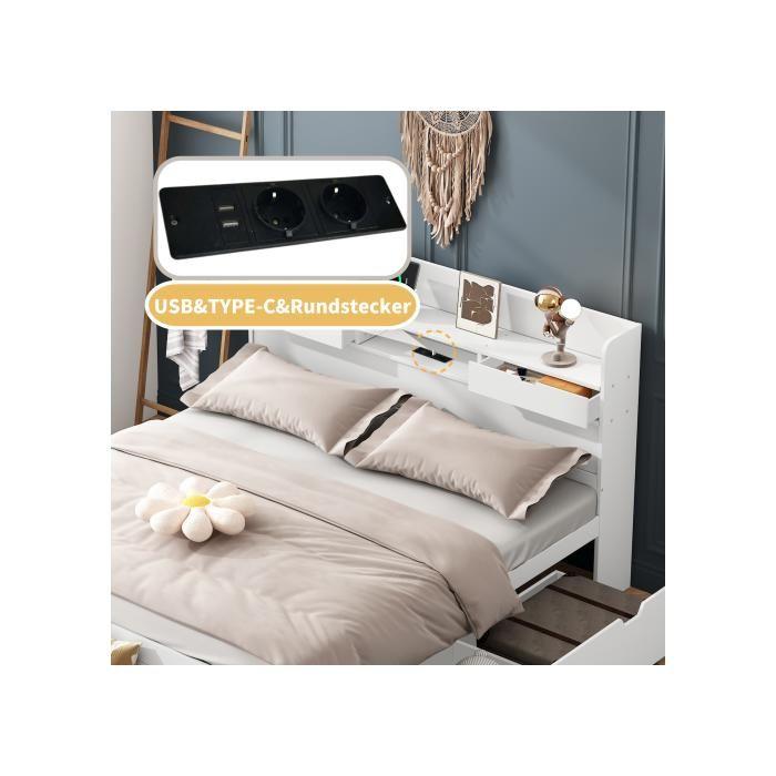 Lit double - MUVOE - 140x190 cm - Port USB - Grand espace de rangement - Blanc