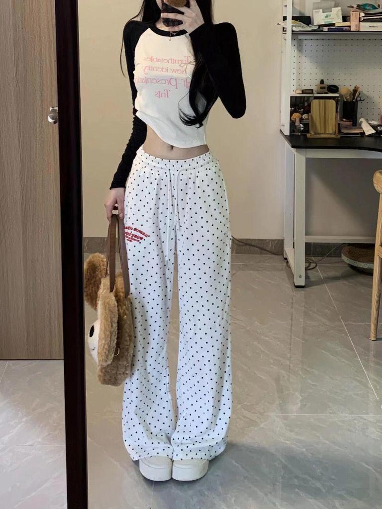 Women's High-Waist Polka Dot Wide-Leg Embroidery Pants - Casual Spring/Summer Straight-Leg, Loose-Fit, Slimming Style.