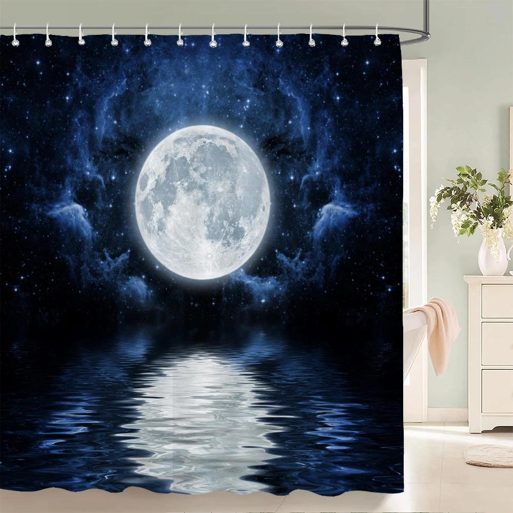 Night Moon Starry Sky Universe Fabric Shower Curtain Bathroom Curtains Moon Earth Waterproof Polyester Bath Screen with 12 Hooks