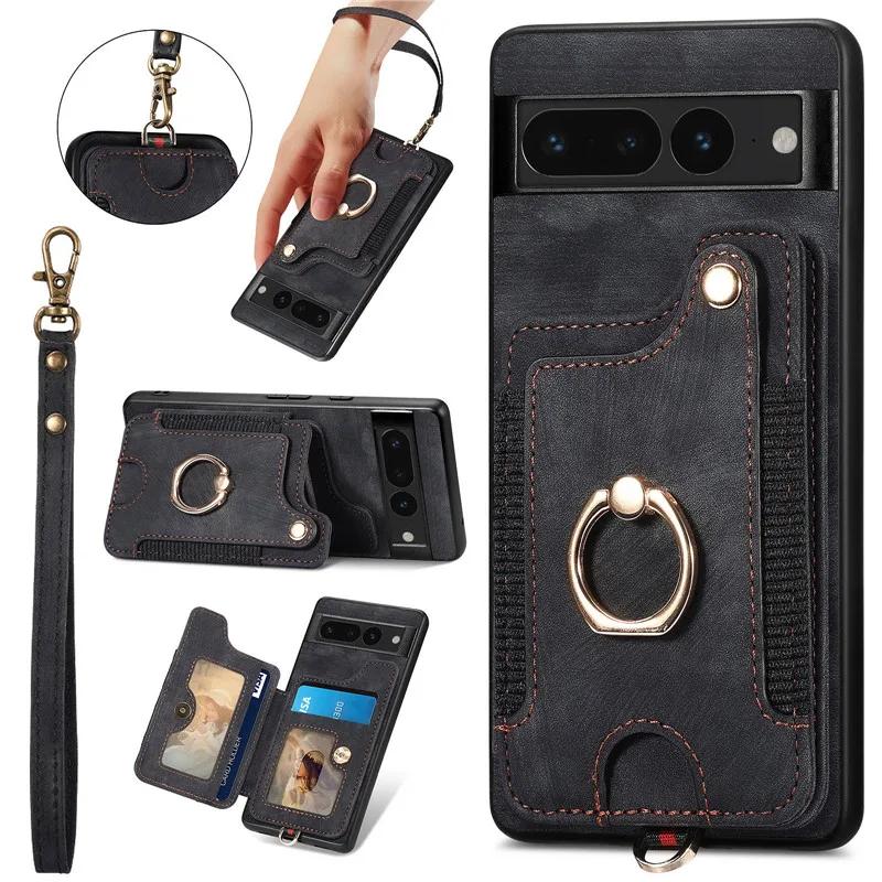 

Ring Lanyard Leather Wallet Card Phone Case for Google Pixel 8 Pro 7 6 6A Pixel7 Pixel6 Pixel6A Wrist Rope Flip Stand Cover Etui Google Pixel 6 Pro чёрный