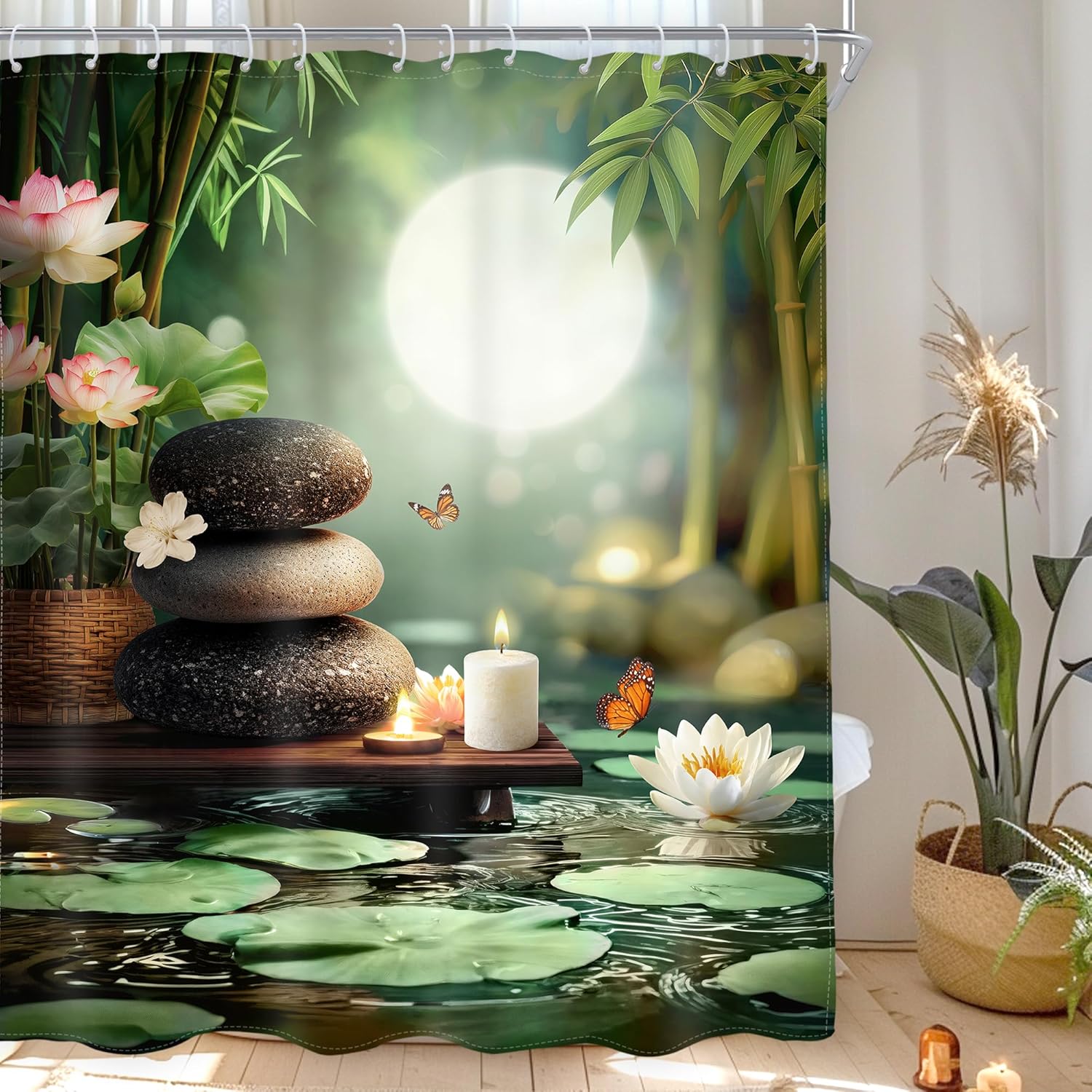 

Бамбуковая шторка для душа Zen с крючками – Дизайн Спа с Лотосом, Луной и Камнем, Успокаивающий Декор для Ванной Комнаты, Медитация 90x180cm35x71in