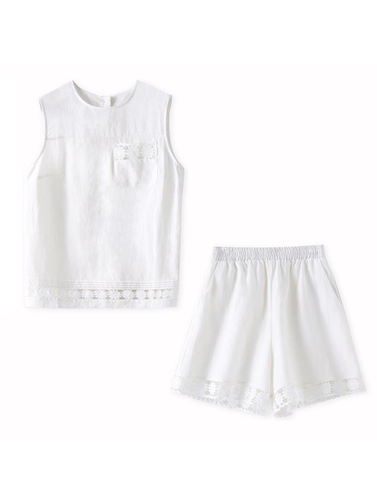Linen Sleeveless Lace Top & 3D Embroidered Sunflower Shorts Set for Women