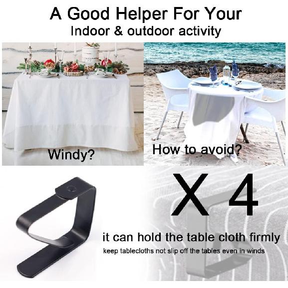 4 Pieces Tablecloth Clips, Tablecloth Holders, Stainless Steel Table Cover Clamps, Suitable for Parties, Picnics, Restaurants & Weddings (Black)
