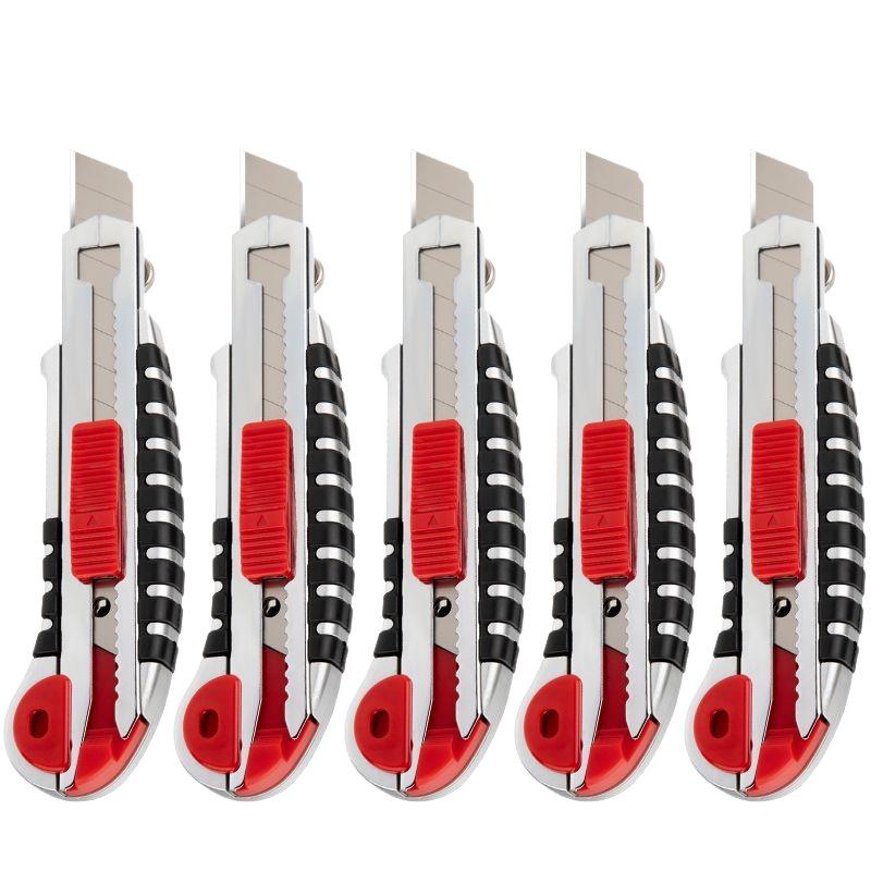 Heavy Duty Utility Knife with Comfortable Rubber Grip - 5-Blade Box Cutter for Paper and More