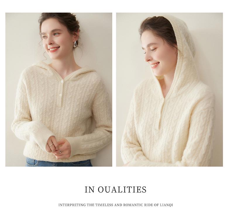 Women’s Loose Hooded Cashmere Sweater – Thick Cable Knit with Half-Open Collar for Autumn and Winter