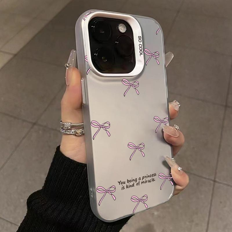 Ins Korean Simple Pink Bow Phone Case for iPhone 15 Pro Max 14 13 12 11 XS X XR 7 8 Plus 15 Luxury Lens Protection Laser Cover