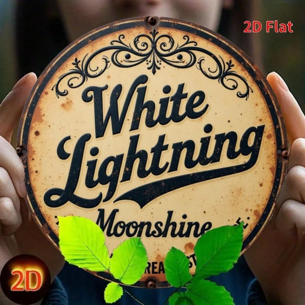 Iron Metal Wall Art White Lightning Moonshine Moon Sign 8 Inch Round Vintage Rustic Home Decor Gift For Porch Living Room Bedroom Office Halloween