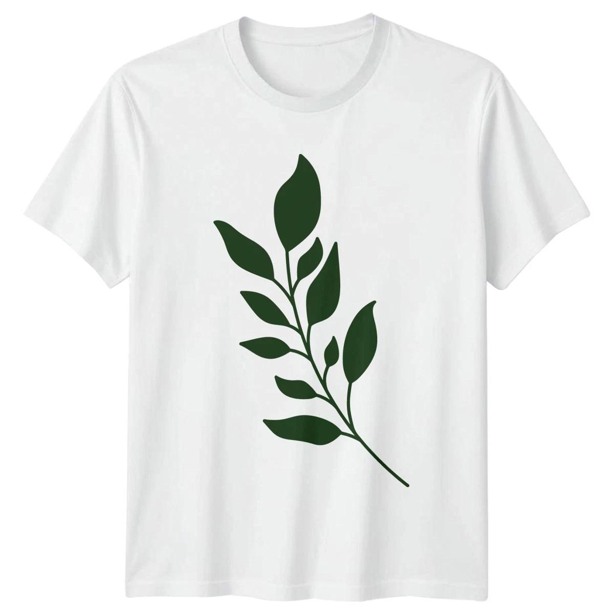 Hand Drawn Green Leaves Branch T-Shirt Botanical Birthday Gift For Him And Her M