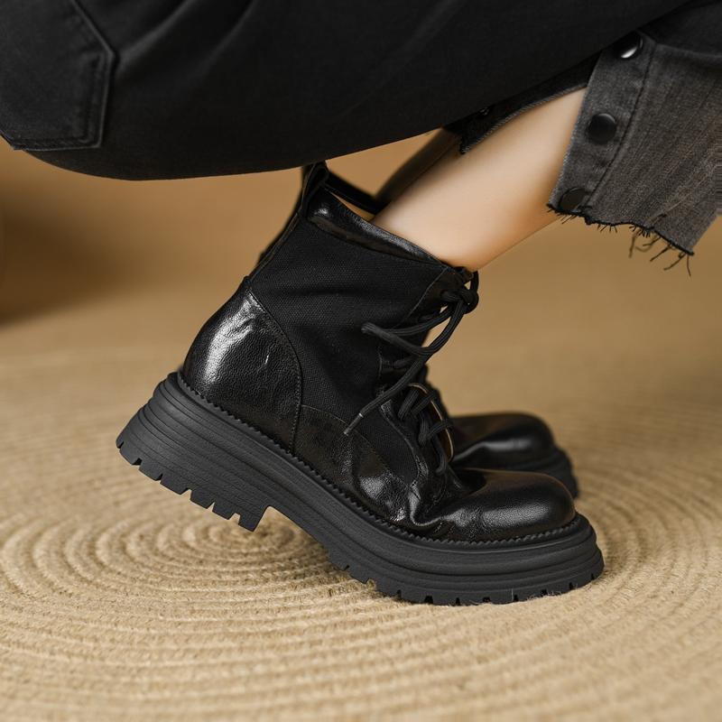 Fashion Women's new autumn and winter round toe leather sheepskin thick soled lace up and calf mid heel plus size retro short boots