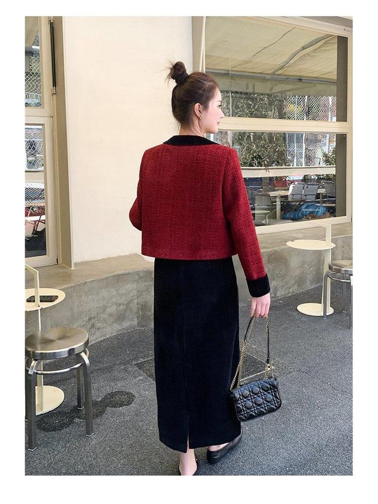 2025 Elegant Petite Red Wool Jacket - Felt French-Korean Style for Women