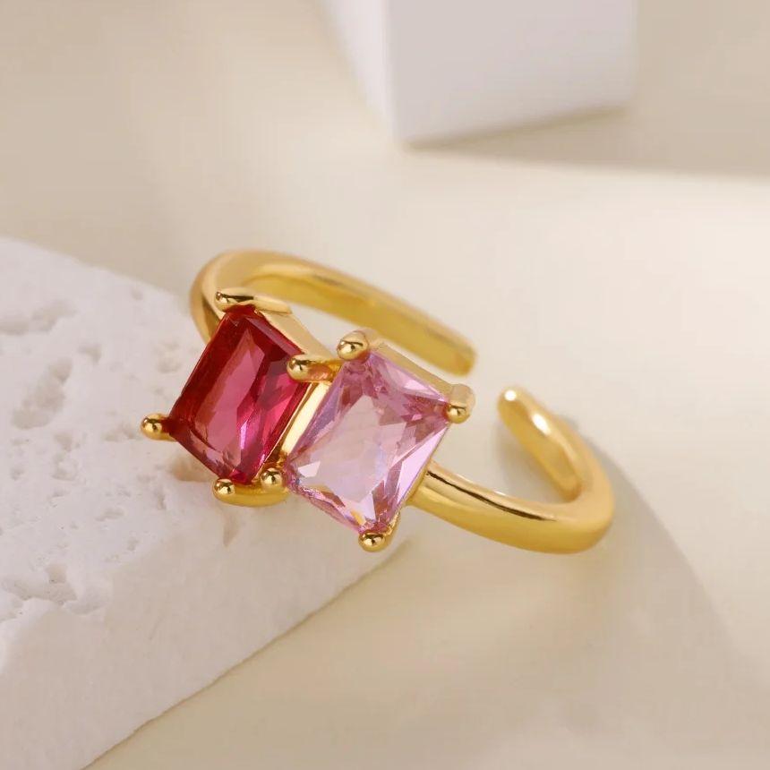 Stainless Steel Zircon Square Ring for Women 18K Gold Plated 2 Colors Adjustable Ring Hypoallergenic Dainty Trendy Jewelry