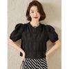 Bailuyu Pleated Puff Sleeve Round Neck Blouse