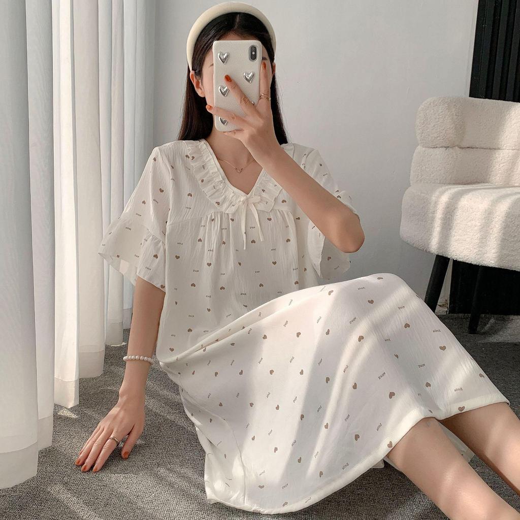 Cloud Cotton Summer Pajama Dress - Women's Short Sleeve Sweet Girl Print Homewear