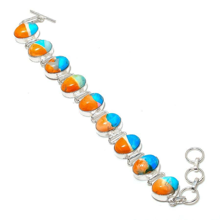 Natural Spiny Oyster Gemstone Handmade 925 Sterling Silver Bracelet 7-8" ETC-14467