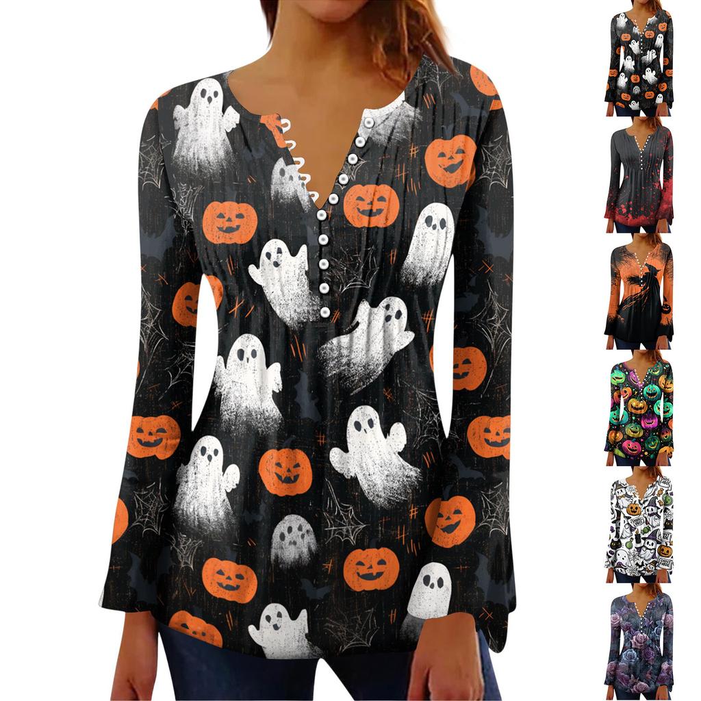 Women's Halloween Print V-Neck Long Sleeve T-Shirt with Sleeves and Pleated Button Front
