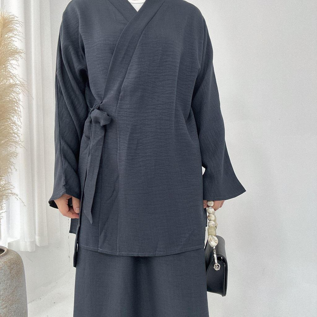 Loriya 2024 Solid Color Casual Lace-Up Dubai Abaya Set (Top & Skirt) LR807