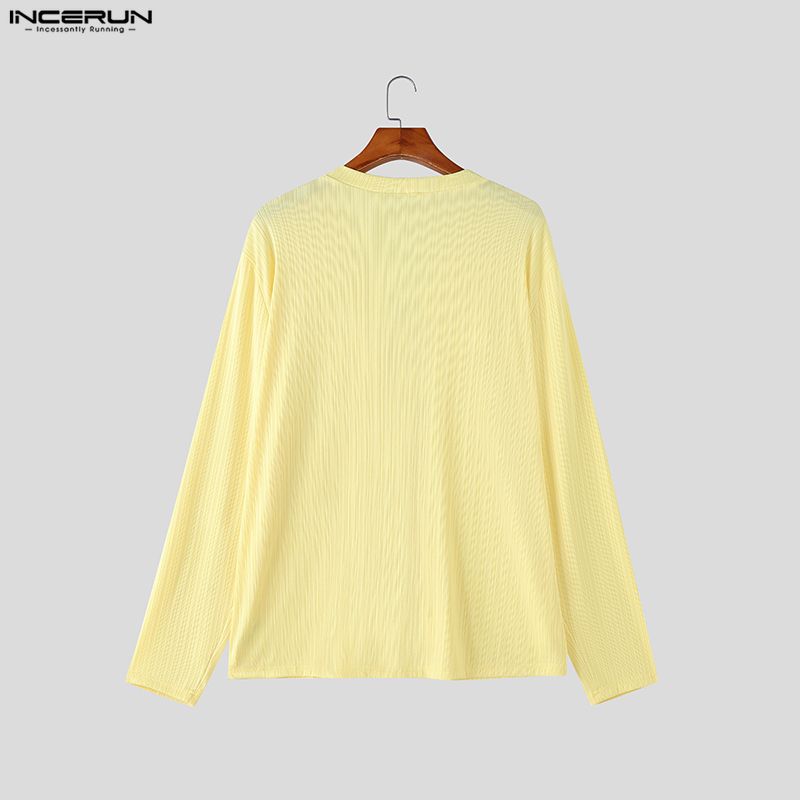 INCERUN Oversized Men Round Neck Long Sleeve Texture Plain Buttons Casual T-shirts Tops