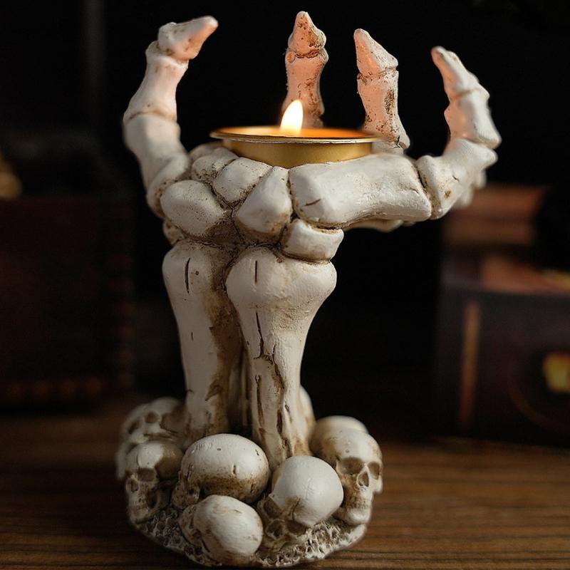 Halloween Skull Hand Candle Holder Candlestick Ornaments Resin Skull Halloween Desktop Porch Decoration Gifts Decor For Table