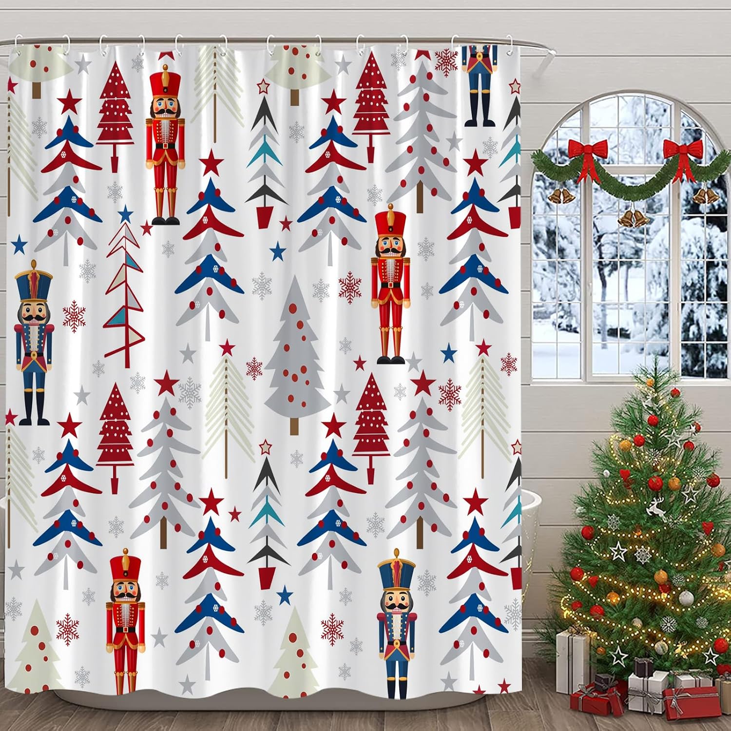 

Christmas Shower Curtain,Nutcracker Xmas Tree Snowflake Winter Holiday Red Blue Gray Bathroom Home Curtain Decor With Hooks W60H190(CM)-1 Pcs