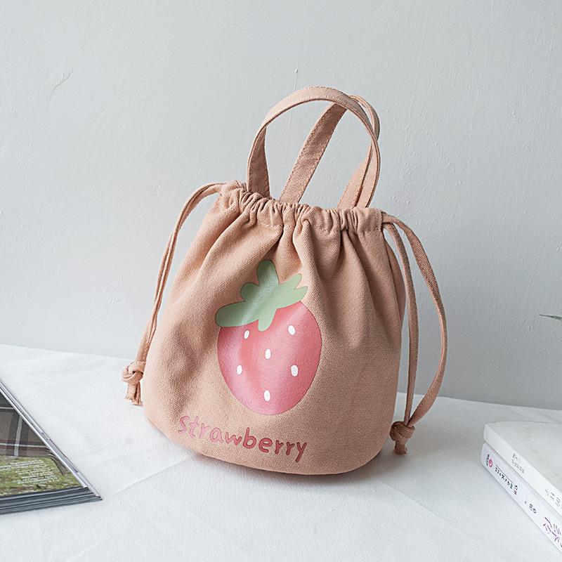 Mini Canvas Drawstring Lunch Bag Handbag Female Cartoon Strawberry Storage Bag Lunch Box Small Cloth Bag Women Tote Food Bags