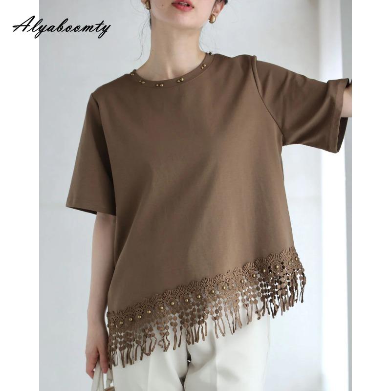 

Summer Women Irregular Stylish T-Shirt O Neck Black White Brown Cotton Beading Top Short Sleeve Tassel Hollow Out Tee ONE SIZE