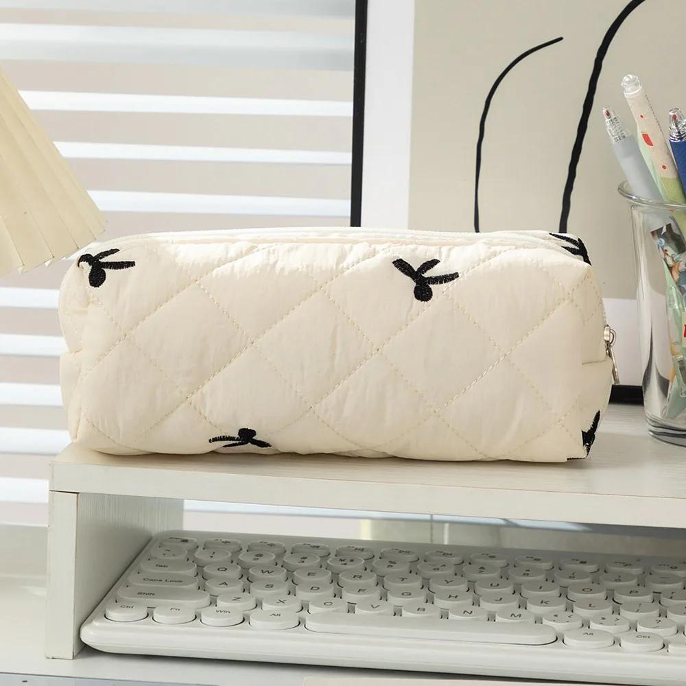 Cotton Quilted Bow Pencil Bags Floral INS Style Student Pen Pouch Large-Capacity Stationery Supplies