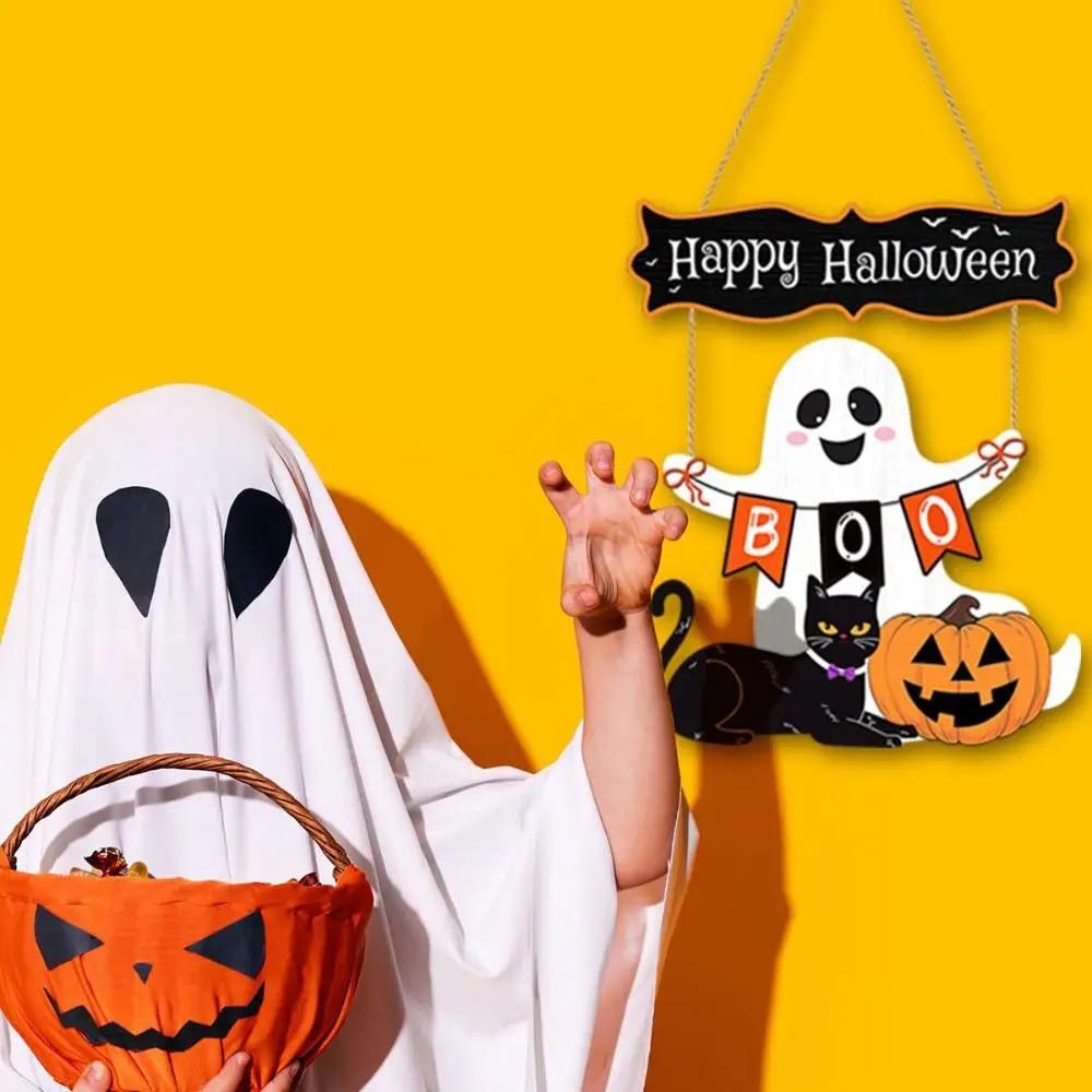 New Happy Halloween Door Hanging Pendant Wooden DIY Door Wreaths Pumpkin Courtyard Ornament Home Decoration