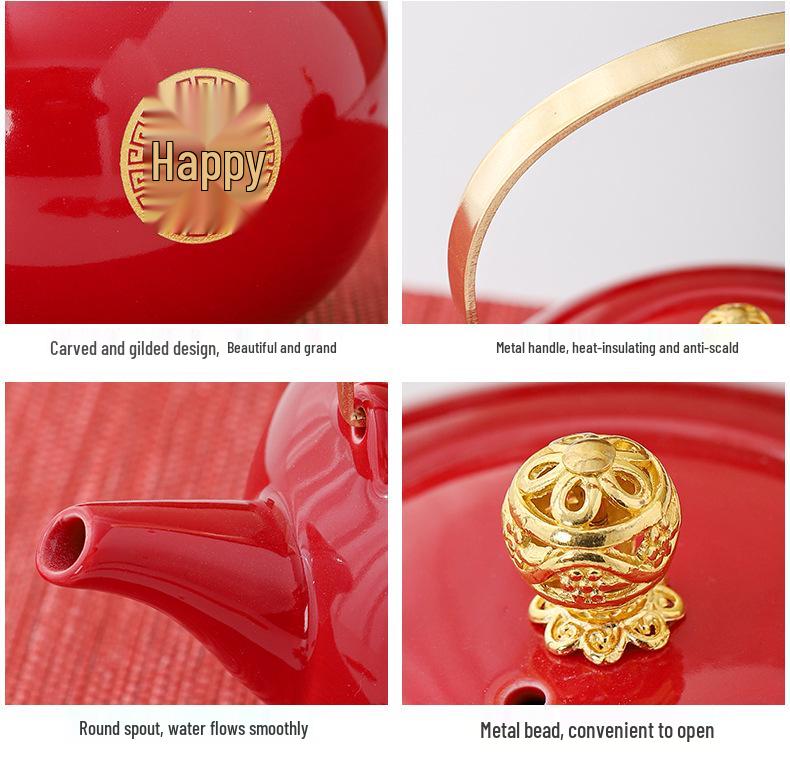 Red Ceramic Wedding Teapot & Water Cup Set - Festive Large-Handled Pot for Banquet and Dowry