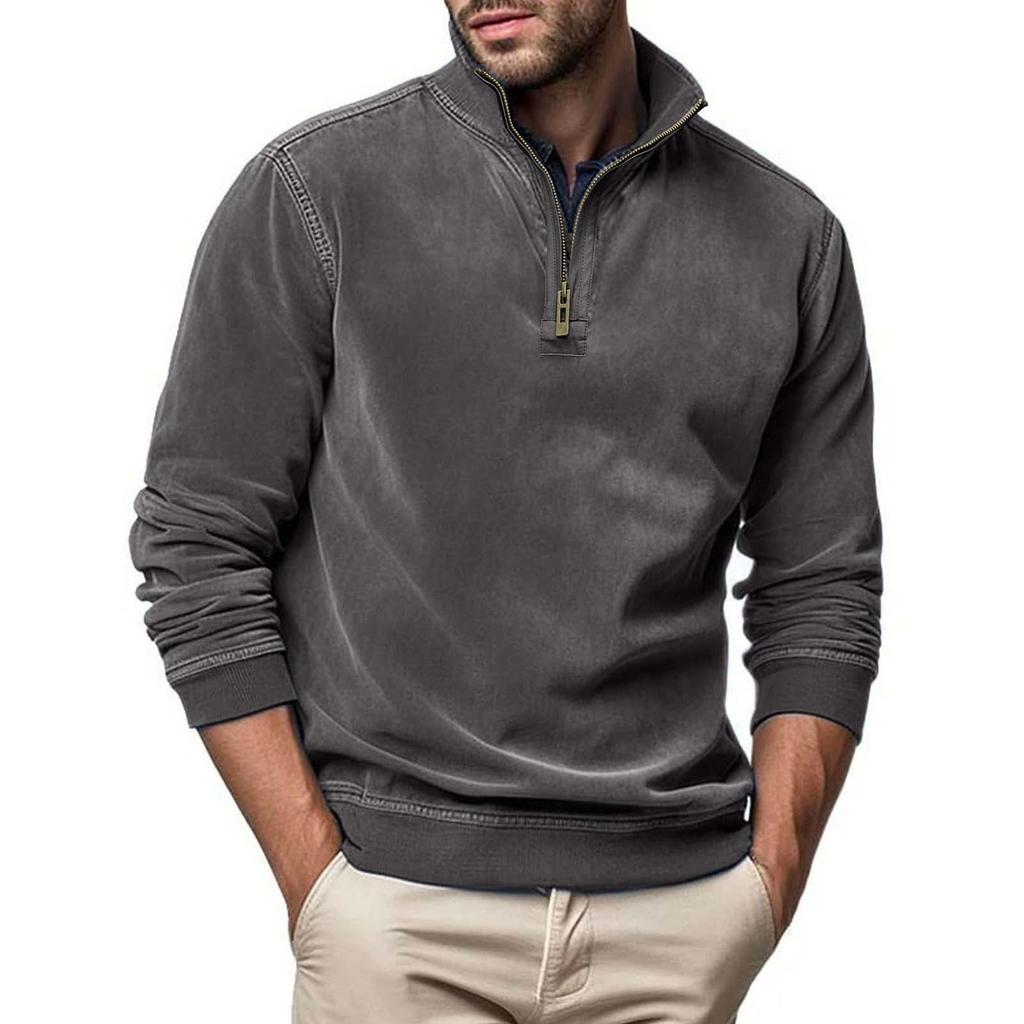 Men's Long Sleeved Zipper Stand Up Collar Sweatshirt Men's Collar Imitation Leather Thread Pullover Top