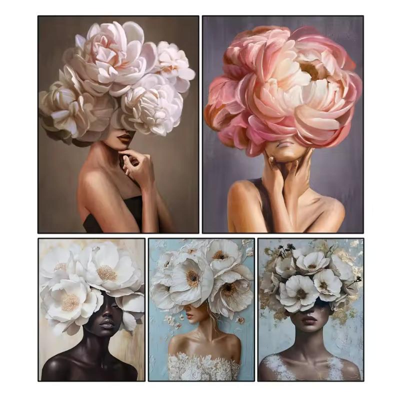 Kwiaty Głowa Sztuka Portret Kobiety Obraz na Płótnie Nowoczesna Sztuka Ścienna Portret Kobiety Plakaty i Druki Salon Dekoracja Domu