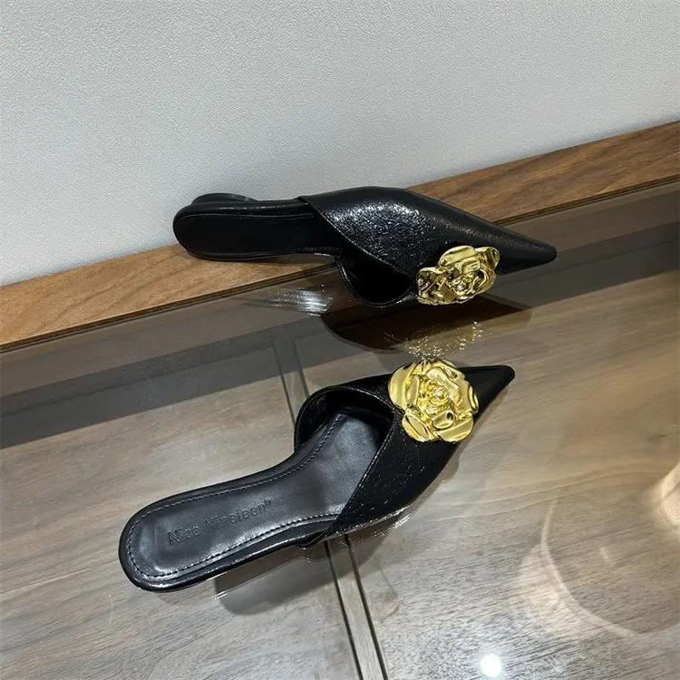 Fashion Women Flats Slippers Pointed Toe Elegant Mules Shoes Fad Slingback Sandals 2025 Summer New Luxury Flip Flops Mujer Slides