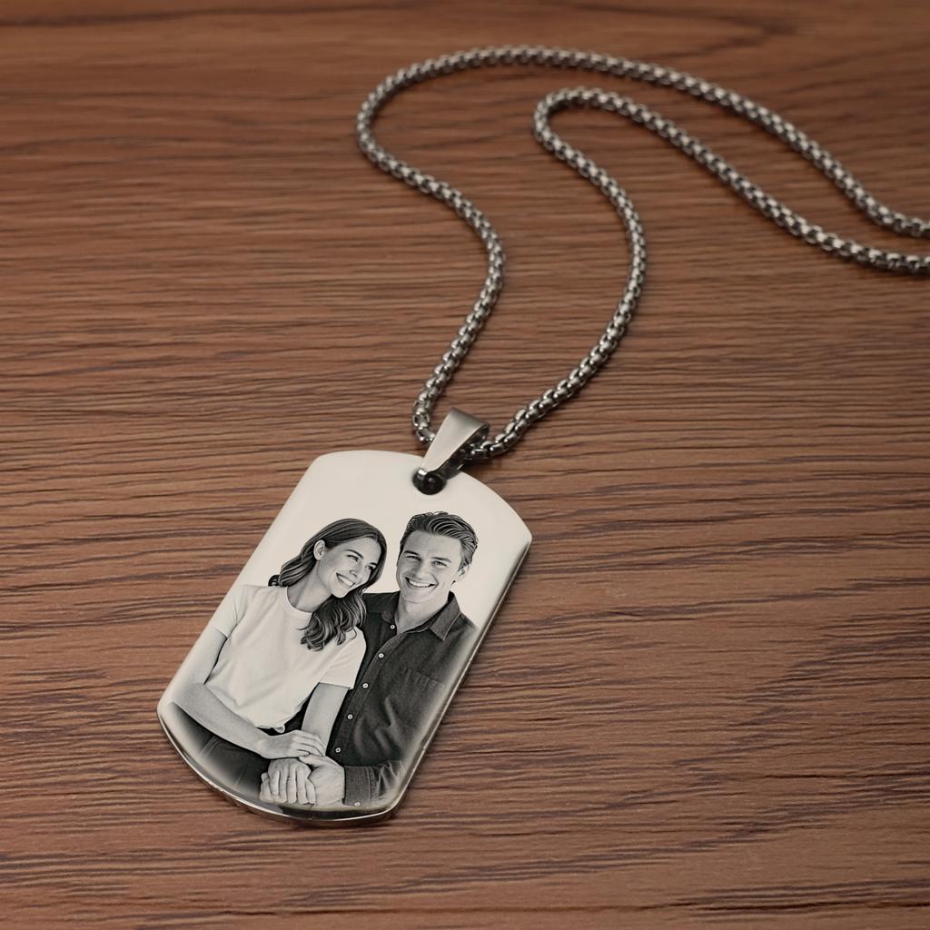 Pendentif Collier Personnalisé Photo et Message Porte-clés Plaque militaire, Collier Gravé avec Photo Cadeaux de Noël