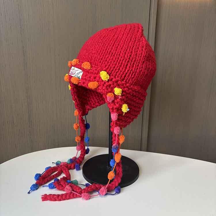 Sweet Cute Colored Braided Wool Hat Vintage Handwoven Fringed Knitted Hat Children's Autumn/Winter Ear Cap