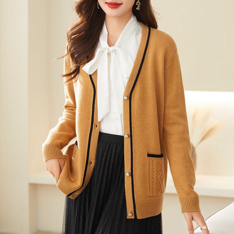 TUHUANG Women s Pure Wool Color-block V-neck Cardigan Sweater M