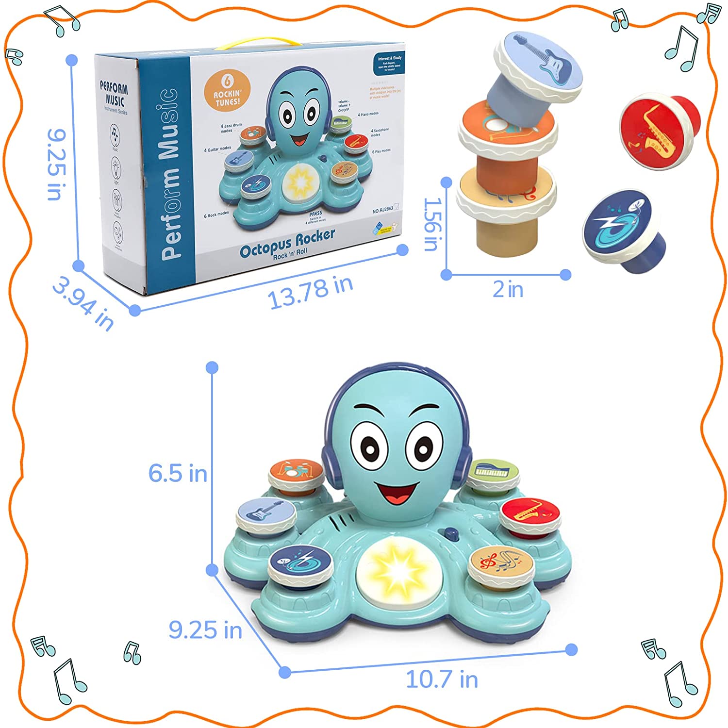 

Детские игрушки Эйнштейна, игрушки-осьминоги для малышей, музыкальные игрушки, детские игрушки от 18 месяцев, музыкальные развивающие инструменты для дошкольников, игрушки Бетховена 27.3x23.5x16.5cm синий