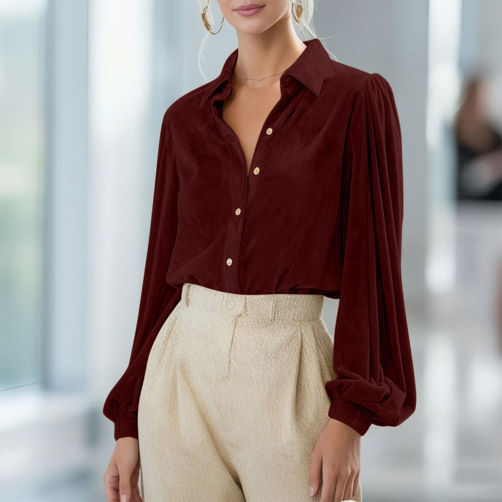

Женская модная повседневная рубашка с длинными рукавами, V-образным вырезом, однотонная, на пуговицах M винный