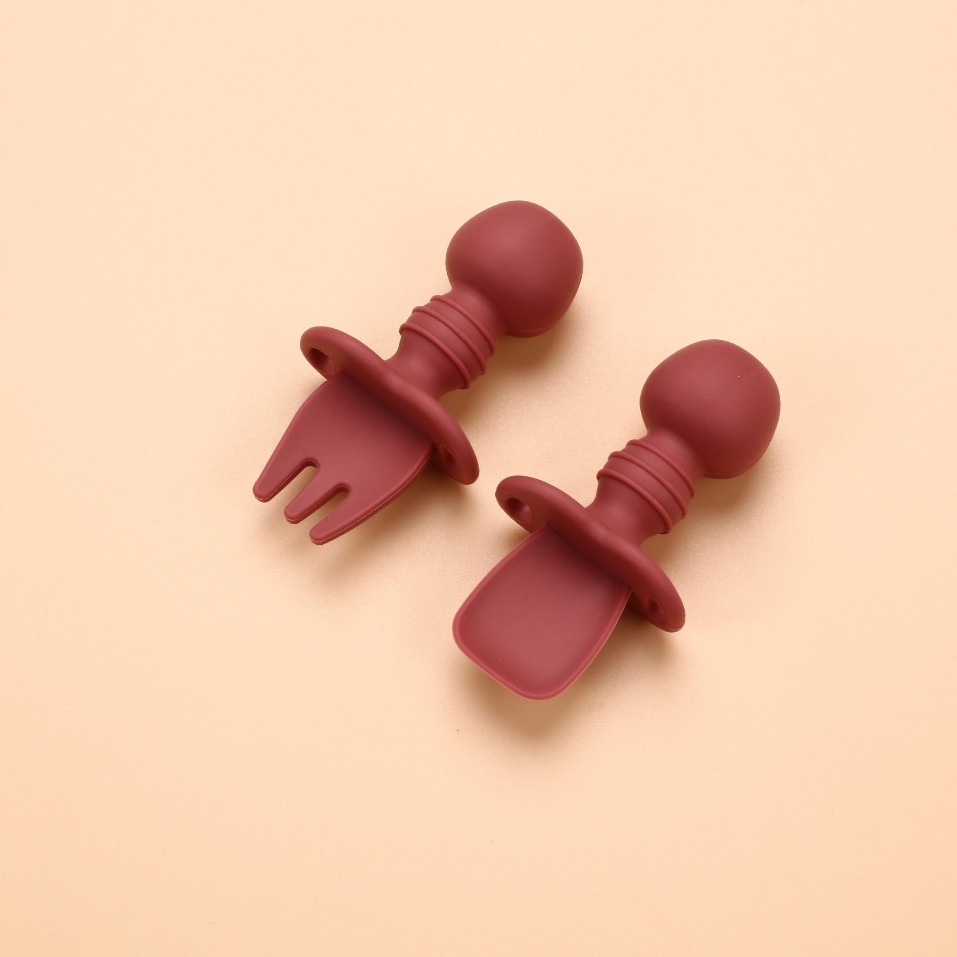 

Silicone Baby Fork and Spoon Set with Teether - Soft, Short-Handle Training Utensils кирпич красный