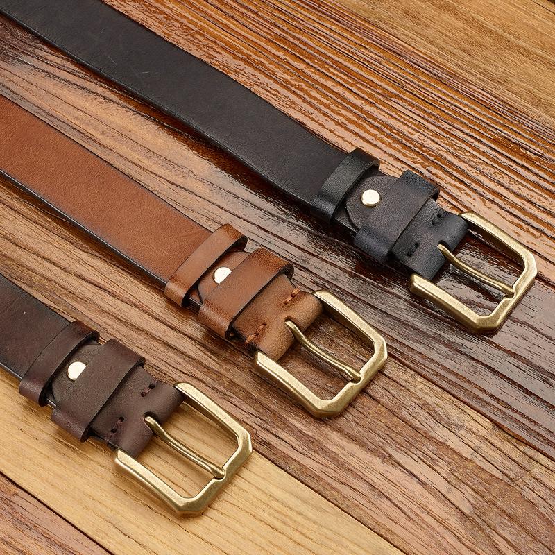 The First Layer Of Cowhide Genuine Leather Men'S Belt Is Purely Handmade Copper Buckle, Retro And Old Belt, Casual And Versatile Middle-Aged And Young